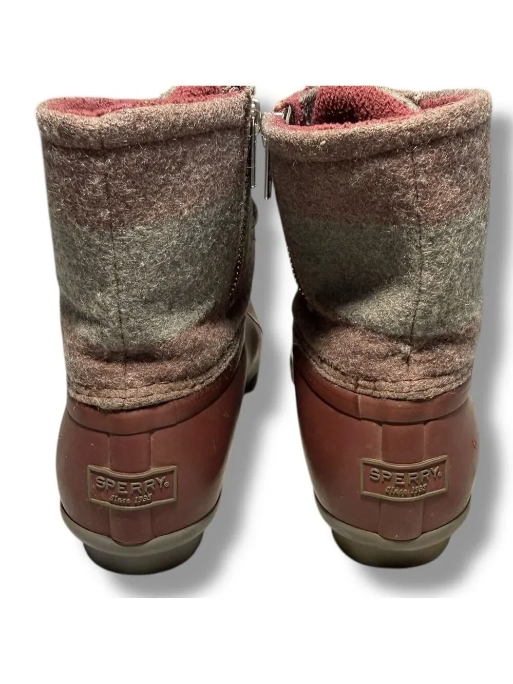 Sperry Women’s Saltwater Varsity Stripe Booties Maroon Grey Size 8
